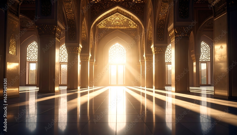 Obraz premium Sunlight Streaming Through Arched Hallway with Pillars