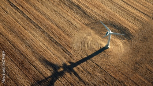 Aerial view of a wind turbine in a field