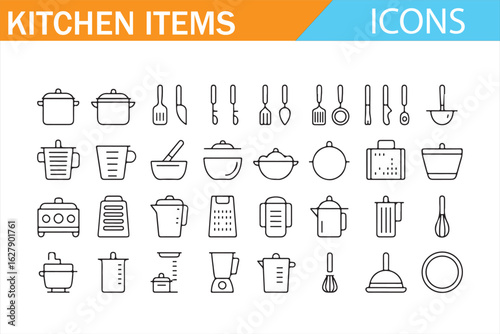 Icon set of kitchen essentials for cooking, dining, and food preparation.
