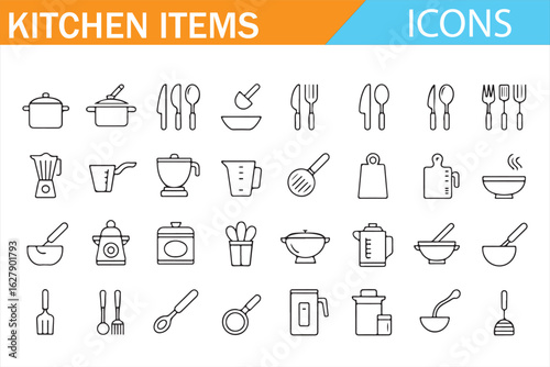 Clean line icons representing common kitchen items, such as knives, bowls, and blenders