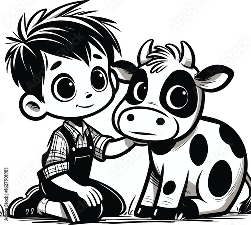 Adorable cartoon of a boy gently petting a cute cartoon cow, a sweet illustration for children's books and educational materials conveying farm friendship