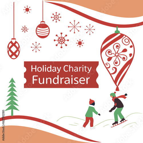 Holiday charity fundraiser scene with ornaments, snowflakes, tree, and children playing in the snow outdoors