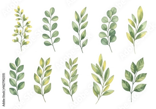 Watercolor illustration of various green leaves isolated on white background