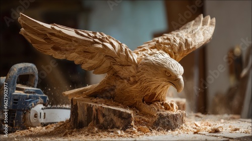Wooden sculpture of an eagle in a workshop