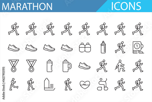 Set of marathon and running icons, featuring athletes, medals, cups, and race-related symbols in clean line art illustrations.