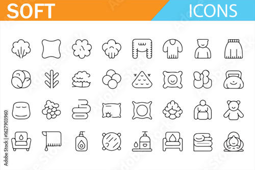 Collection of line art icons representing soft and comfortable household objects.