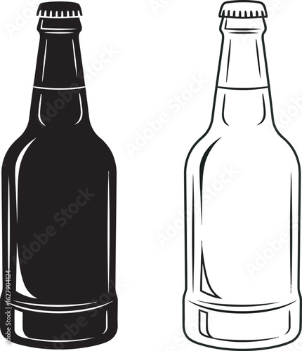 Two beer bottles one black silhouette and one clear outline isolated on transparent background