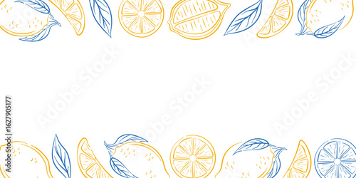 Lemon fruit frame with whole lemon, slice, leaf on white background in line art style. Perfect for banner, package store, greeting card and summer invitation design.