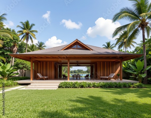 tropical open pavilion built for airflow, angled roof helps ventilate hot air, all walls removed for breeze access, natural cross ventilation design suited for coastal weather