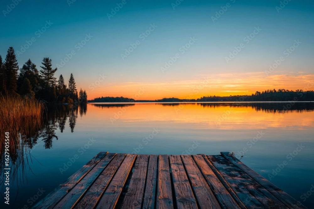 Fototapeta premium Beautiful sunset over calm lake with wooden dock, colorful sky reflecting on water during twilight hours
