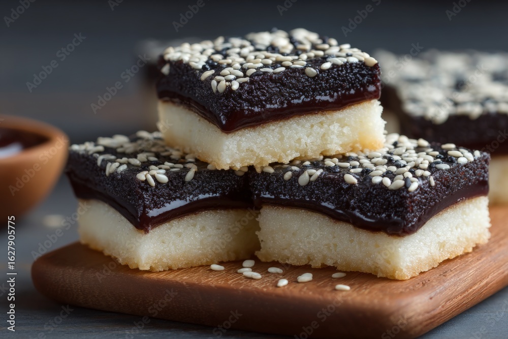 Delicious dessert squares topped with sesame seeds and rich chocolate ganache on a wooden board Delicious dessert squares topped with sesame seeds and rich chocolate ganache on a wooden board