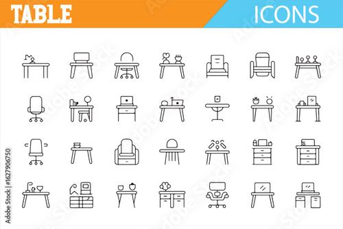 Icon set depicting a variety of table and seating styles for decoration and design.