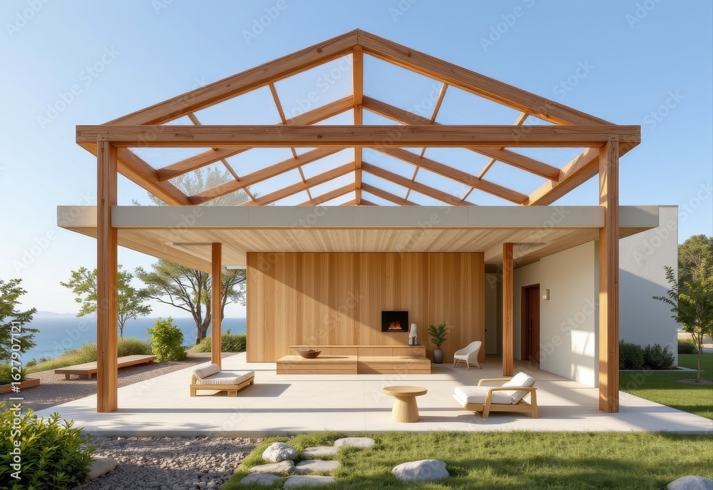 Obraz premium pavilion structure without enclosures, airflow moves freely through interior, passive cooling strategy using roof vents and shade, no fans required for thermal comfort