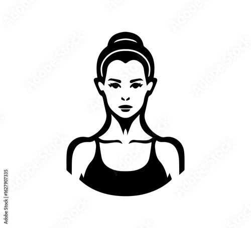 Fitness logo design showing a stylized woman with a bun hairstyle, ideal for gym branding, beauty salons, or yoga studios