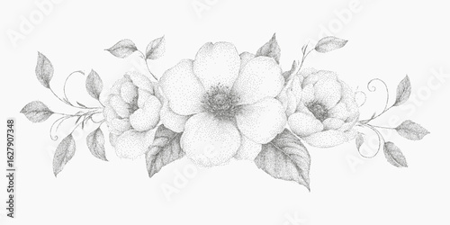 Floral natural element. Textured ink sketch with subtle grain, dusty stipple overlay, rough grunge paper effect.