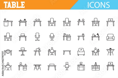 Furniture design icons set: Tables, chairs, and workstations in clean lines.