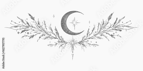 Mystical pattern with moon and leaves. Worn paper background with scattered halftone dots and sand grit across the middle of the image.