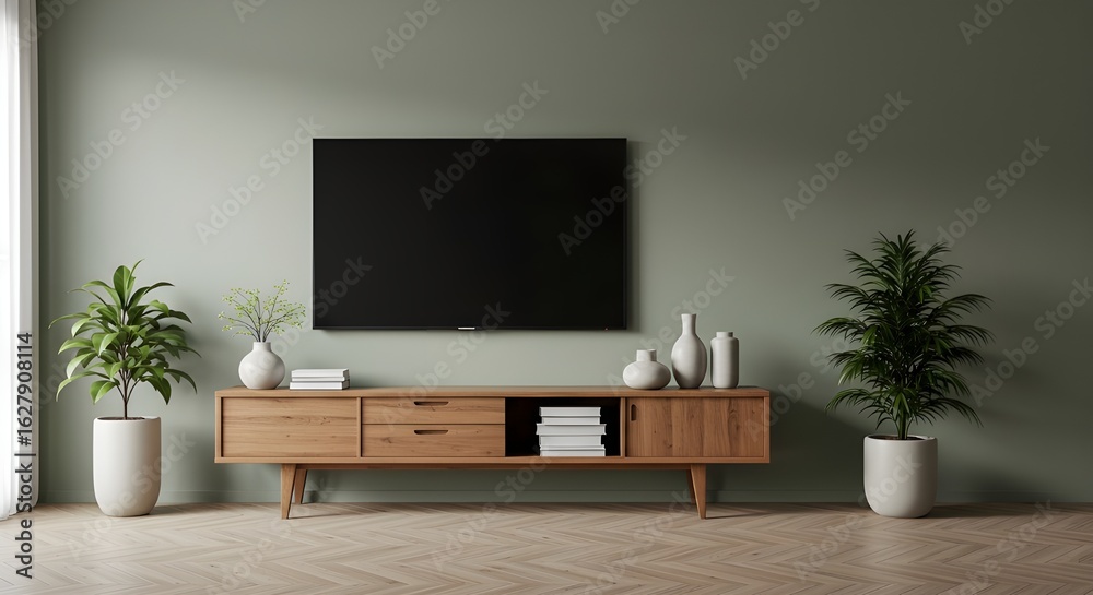 Obraz premium Modern TV console with houseplants and minimalist decor