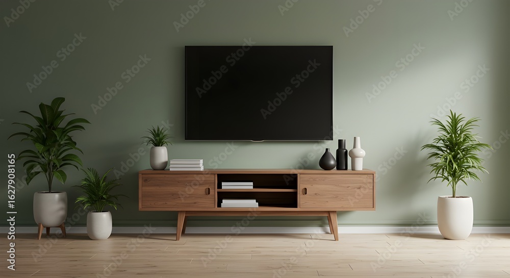 Fototapeta premium Modern TV console with houseplants and minimalist decor