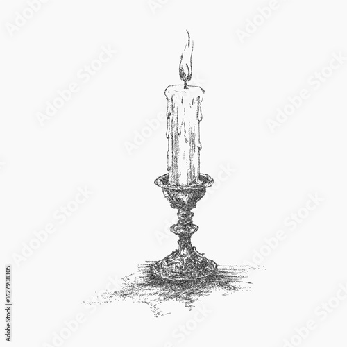 Burning candle in a candlestick. Worn figure with gravel textured shading, subtle noise buildup and aged threshold highlights.