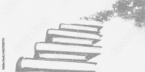 Stack of books. Black element with grainy noise, soft grit, and a worn threshold edge. Abstract vintage brush texture.