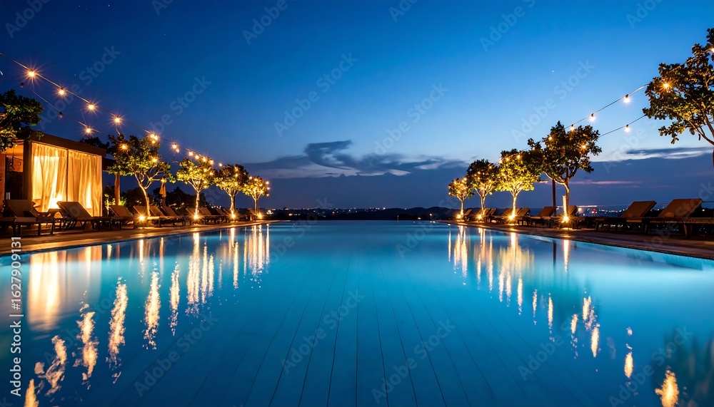 Obraz premium Swimming Pool at Night Reflecting Lights and Evening Sky