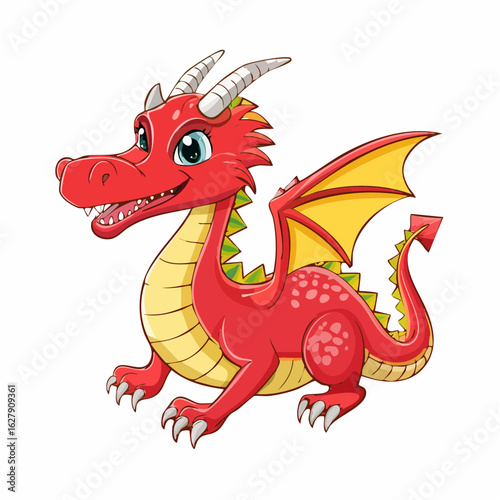 Red dragon cartoon character with yellow wings isolated on a white background