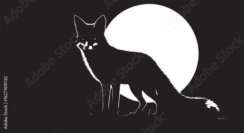 Fox under the moonlight in silhouette image white backgrpound.