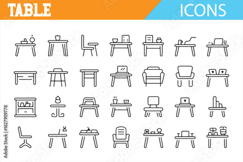 Modern table and chair icons for interior design and workspace layouts.