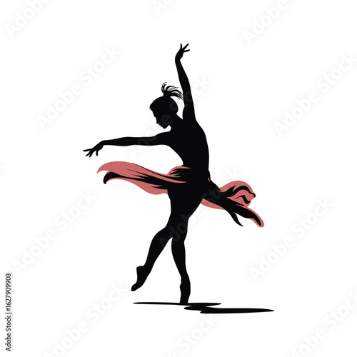 Silhouette of a graceful ballerina in a pink tutu performing a dance pose