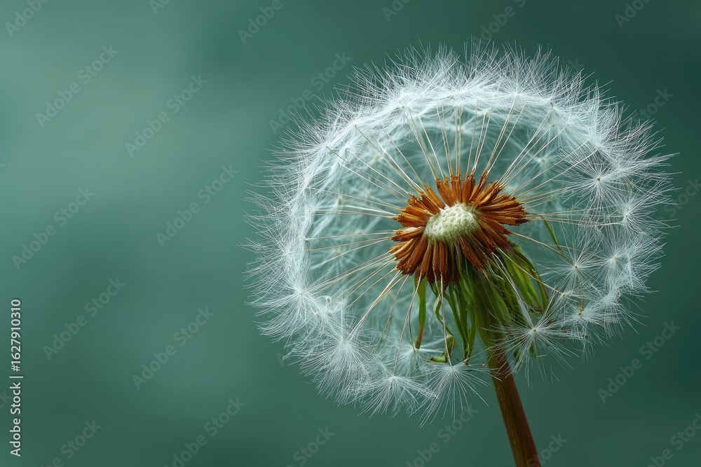 Fototapeta premium Close-up of a dandelion seed head against a teal backdrop