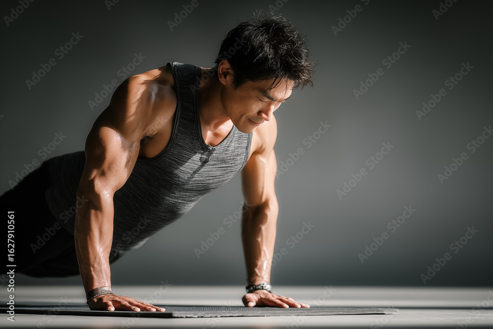 Obraz premium A fit Asian man doing a plank pose on a yoga mat in a minimal indoor studio, gray background, modern sportswear, side view, soft natural lighting