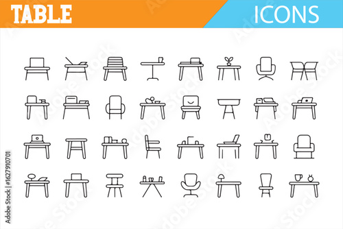 Stylized icons for office and home furniture including tables and chairs.