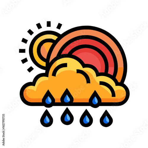 Stylized weather forecast icon showing a sunshower with sun, cloud, rain, and rainbow