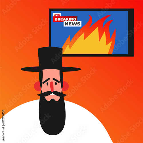 Breaking news for television with red and orange background and fire, television news broadcast about Israel. Multimedia and Technology. Flat vector illustration.