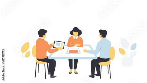 Illustration of three people sitting around a table with a tablet and a plant in the background