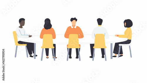 Illustration of five people sitting around a table in a meeting or discussion setting facing each other