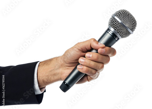  hand holding Microphone isolated on a transparent background.	