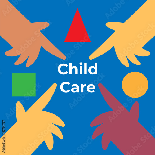 Child care. Kindergarten for different children, home kindergarten, early child development, crèches, early education for kids, preschool program abstract metaphor. Flat vector illustration.
