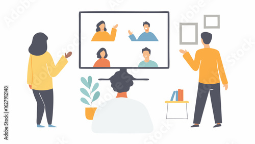 People attending a video conference call on a large screen with others in the background at home