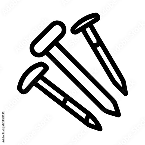 Simple line art icon of three metal nails used for construction and carpentry. Hardware tools for building and DIY projects.