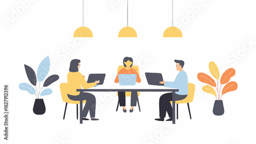 Illustration of three people working at a table with laptops under hanging lights and plants nearby