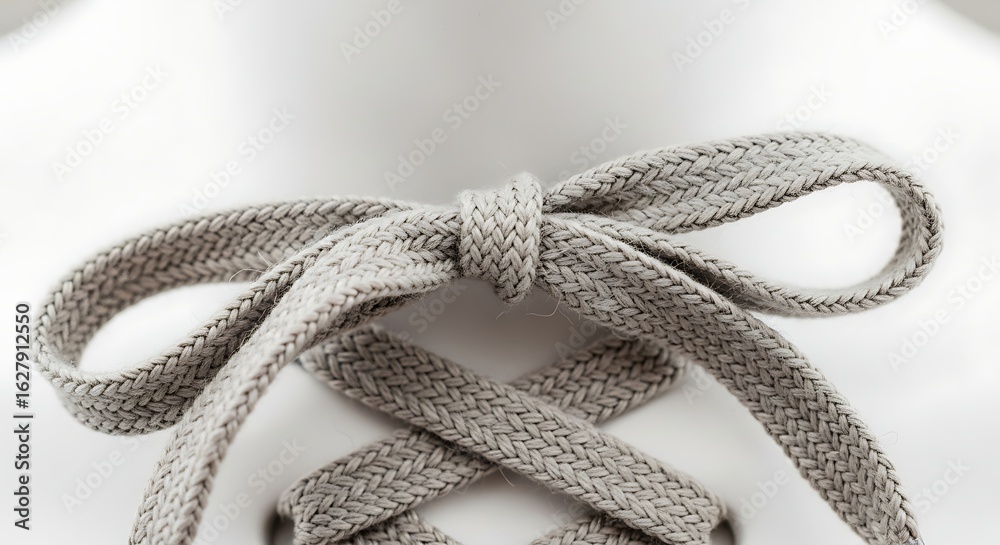 Fototapeta premium A close-up view of a grey shoelace tied in a neat bow on a white shoe.