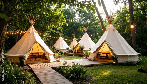 Tents Glamping in Forest with String Lights and Wooden Walkway