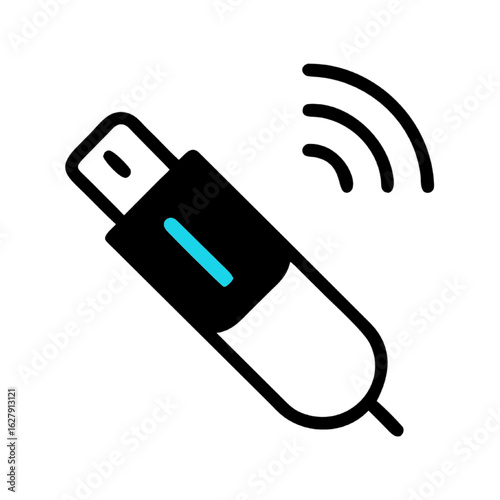 Simple vector icon of a wireless adapter dongle with signal waves. Black line art illustration representing network connectivity, data transfer, and communication technology.
