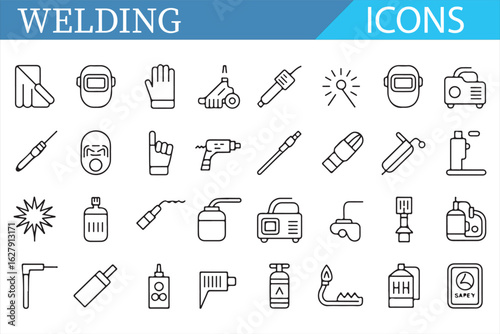 Welding safety gear and equipment icons designed in clean line art.