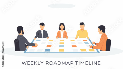 Group of people sitting around a table with a roadmap timeline discussing project management tasks and schedule