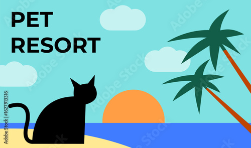 Pet resort. Black Cat a sandy beach, ocean in background. Funny humorous lifestyle, tropical vacation, summer holidays, warm weather theme. Flat vector illustration.
