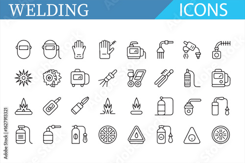 Minimalist welding tool icons with focus on safety and industrial processes.