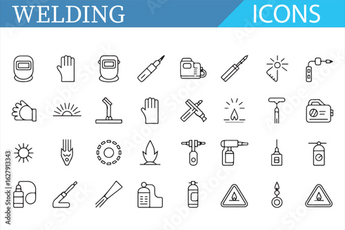 Welding equipment icons featuring protective gear, torch, and tools.